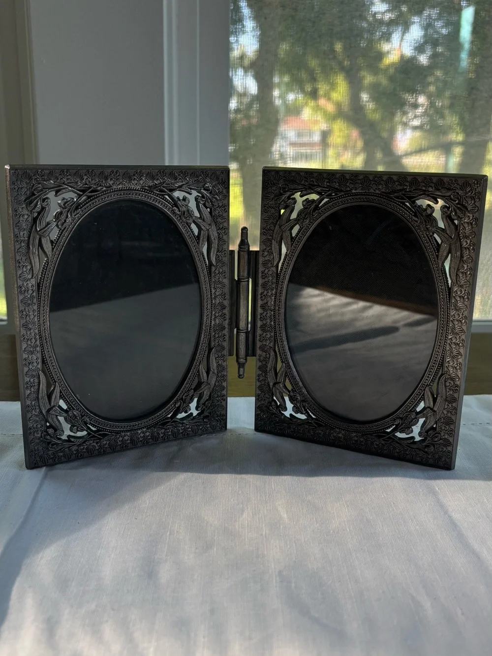 Ornate Hinged Oval Double Photo Frame in Dark Silver Tone
